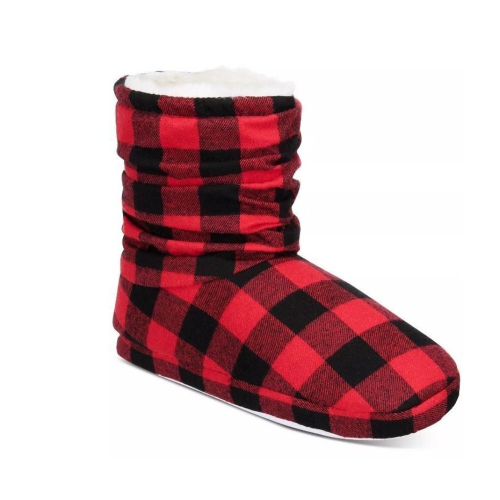 CHARTER CLUB Slouchy fur lined women's bootie slippers  Buffalo Plaid (Size 5-6)